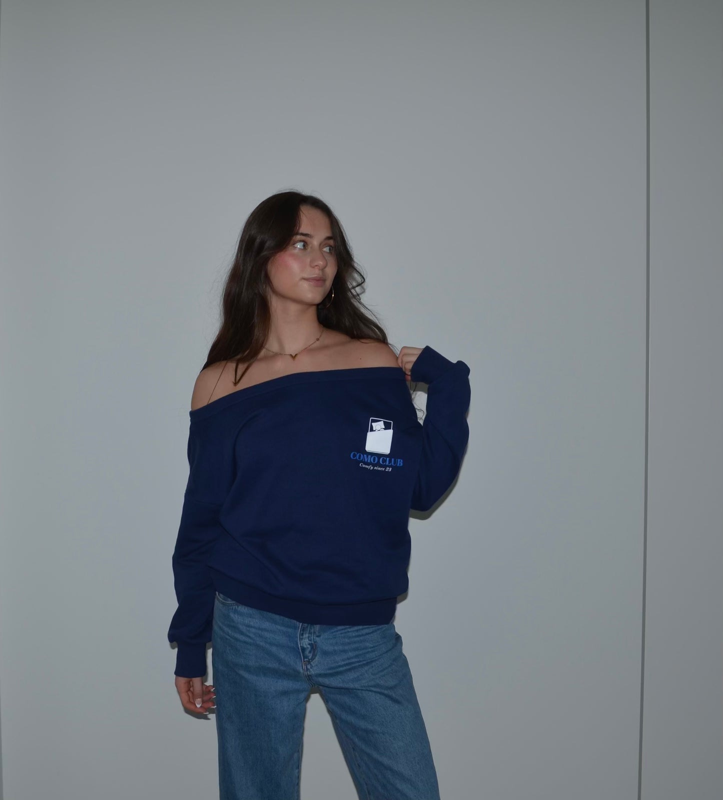 Navy off 2024 the shoulder sweater